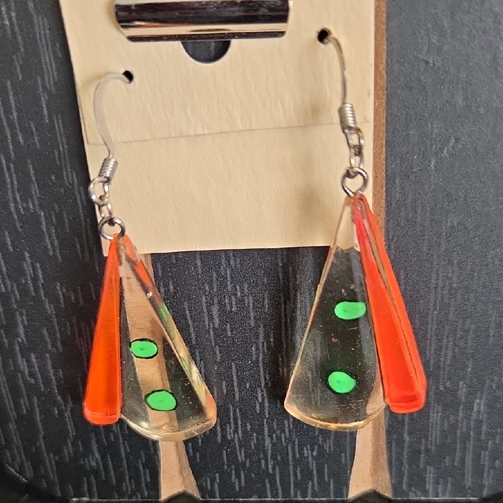 Retro Clear and Orange Lucite Dangle Earrings with Green Dot Accents